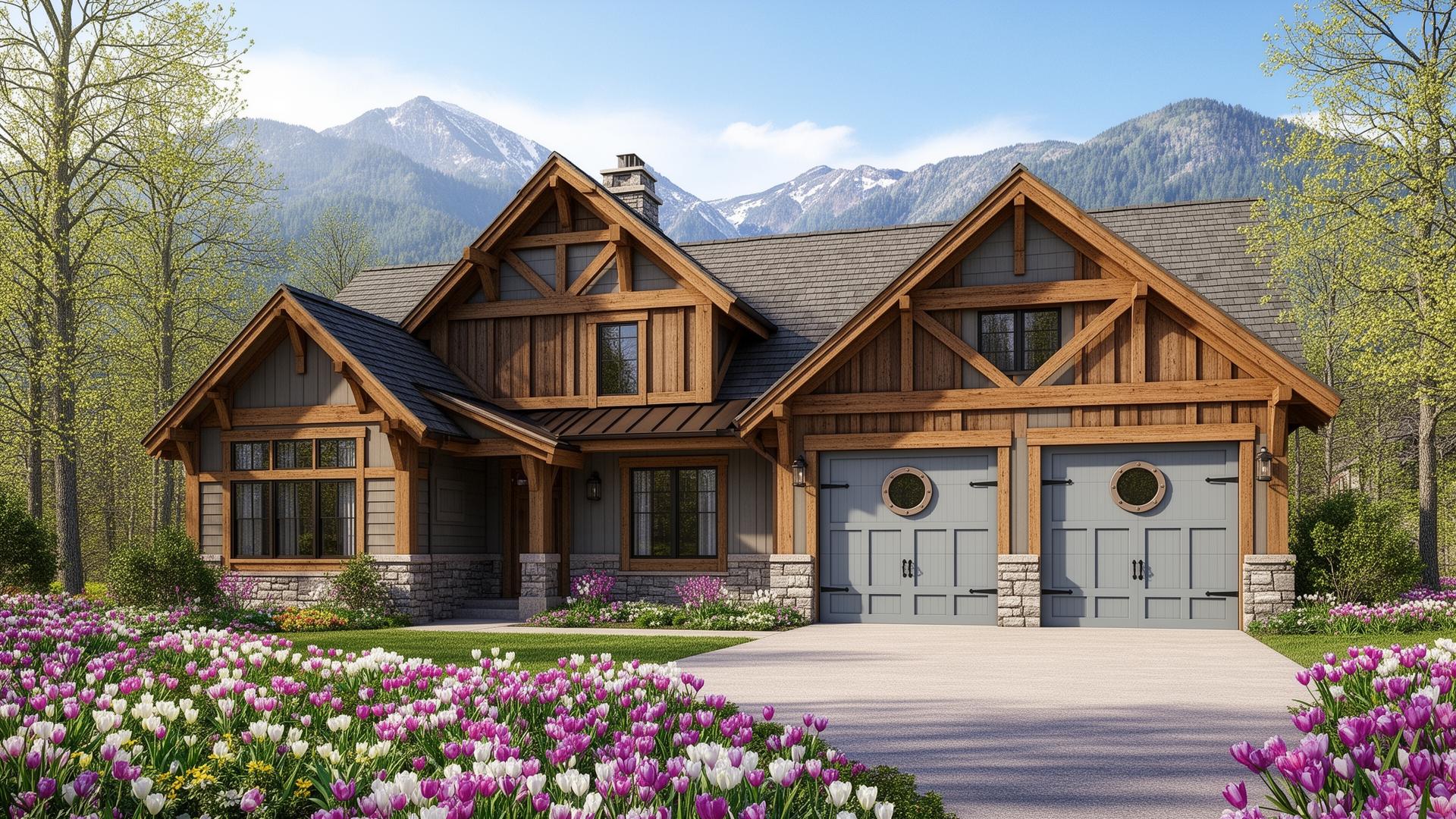 Mountain lodge style home with coastal garage doors featuring porthole windows in Walnut Cove NC